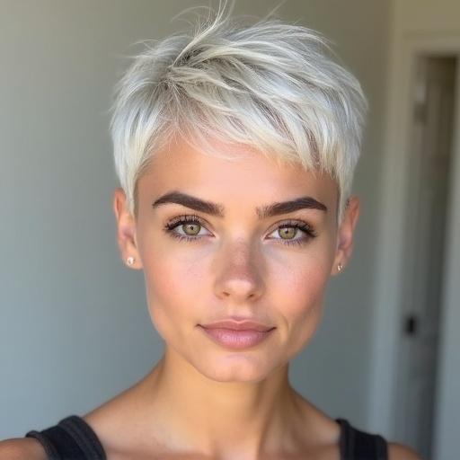 A 23-year-old woman with short, spiky white hair styled in a textured pixie cut. Bright hazel eyes framed by thick lashes. Sun-kissed skin and full lips. Oval-shaped face with delicate contours.