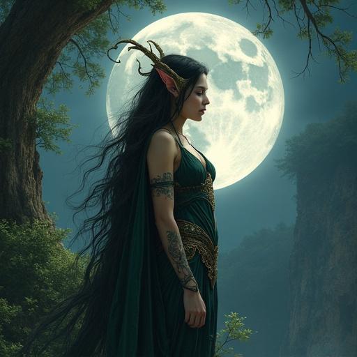An Elven Goddess stands in a mystical forest. The moon glows brightly behind her. She wears a flowing dark green gown. Long hair cascades down her back. She embodies themes of lust trickery and illusion.