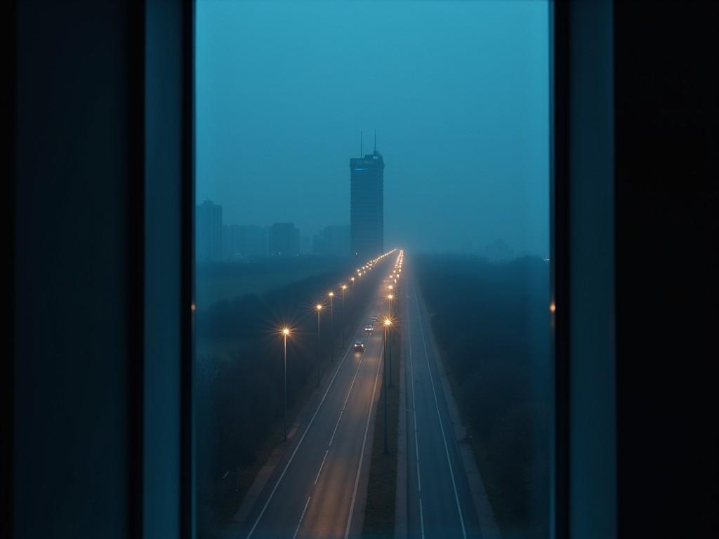 This image captures a view from a high-rise building window. The atmosphere is a dark blue, indicative of early morning. In the distance, a building is barely visible through the mist. The road is empty with dimly lit light poles lining either side. This creates a sense of liminal space, evoking a tranquil yet slightly eerie mood.