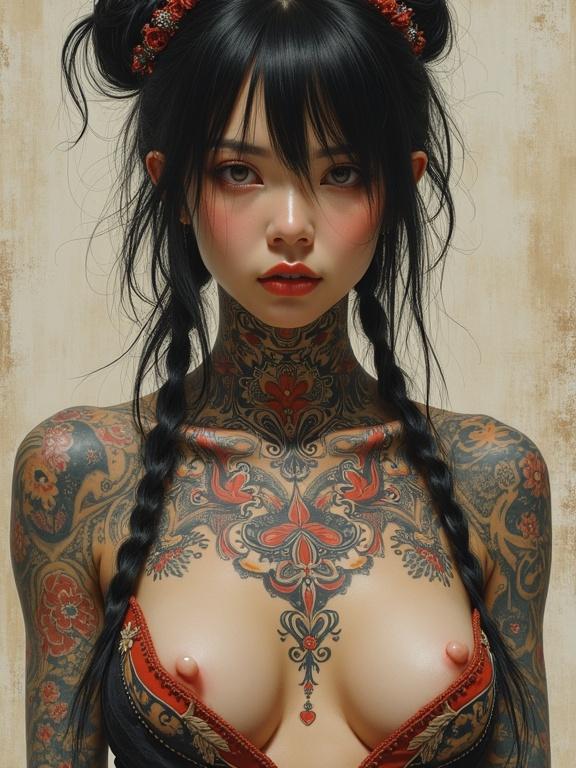 Full body shot of a tattooed Japanese woman. Features intricate facial tattoos. Highlight lavish tattoos on shoulders and chest. Rendered in fine art style with dramatic lighting. Detailed portrait illustration.