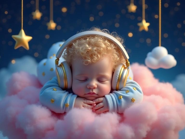 Close-up of blond curly boy sleeping on pink fluffy cloud. Boy wears light blue clothes and golden headphones. Surrounded by golden stars and light blue clouds hanging in night sky with deep blue and plum colors. The image has bright colors and a clear background.