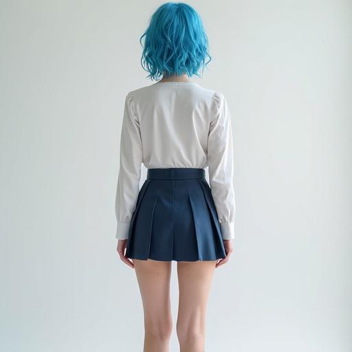 A woman stands with her back to the camera. She has short blue hair. She wears a white blouse and a navy short skirt. The setting is minimalistic. The focus is on her outfit and hairstyle.
