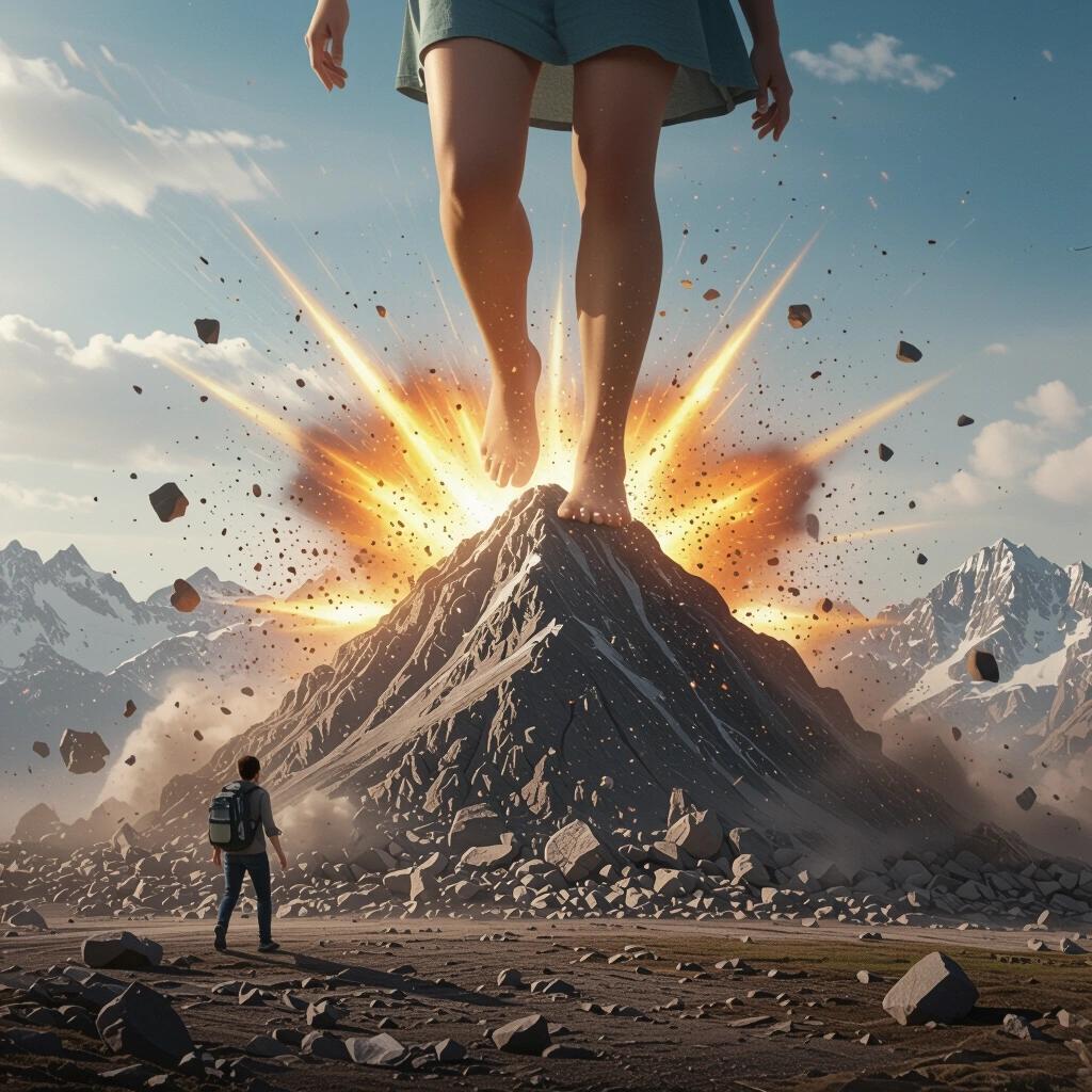Giantess stepping on a mountain Crushing it underfoot. Debris flying everywhere. Massive shockwave in the air.
