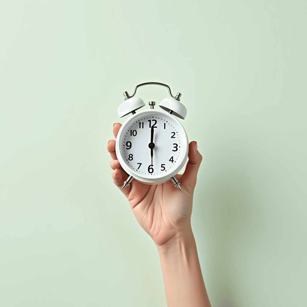 A hand holding a classic white alarm clock against a soft green background.