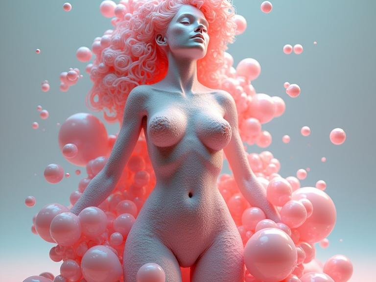 3D artwork featuring a stylized nude woman composed of vibrant bubbles. Soft gradients in colors with an ethereal presence.