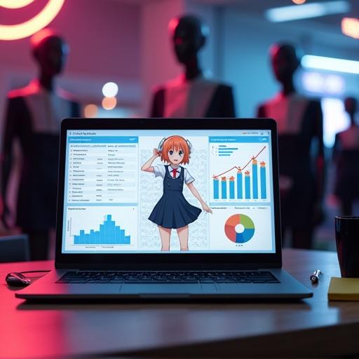 Laptop screen shows a dashboard with graphs and charts. Anime girl with orange hair and headphones is in the center of the screen. Girl wears a school uniform with a dark grey dress. One leg raised, arms outstretched, smiling. Background features data visualizations. Laptop is on a wooden table, with a black keyboard, mouse, sticky notes, and a pen. Coffee mug in the background. Ambient lighting with muted colors. Futuristic neon backdrop with mannequins wearing similar uniforms.