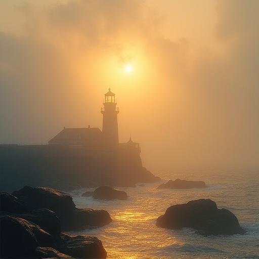 A distant lighthouse barely visible through thick morning fog. Golden sunlight breaks through in scattered rays. Light reflects on wet rocks and blurred waves below. The structure is rendered in vague glowing strokes. Ethereal and painterly scene. Warm misty palette evokes emotion.