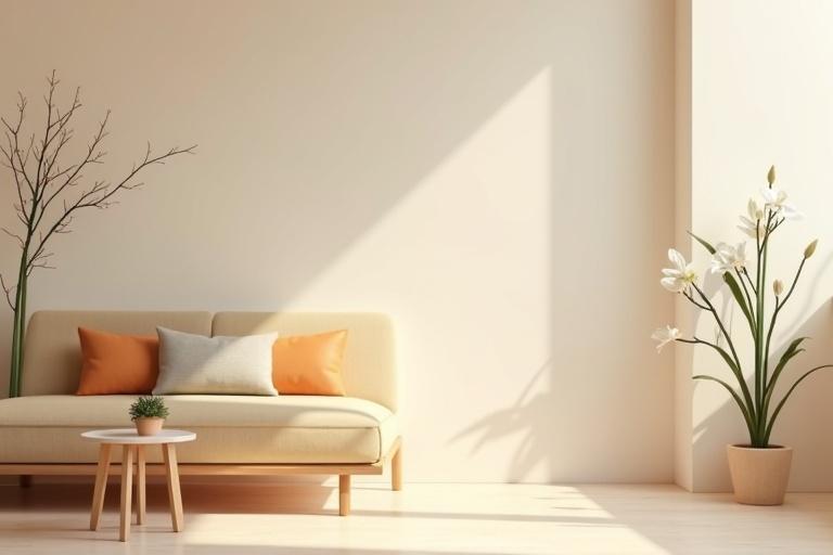 Rendering of a coffee shop corner featuring a beige couch with orange cushions and a small wooden coffee table. A potted plant with white lilies adds a touch of nature. The scene is minimalist with muted colors and ample vertical blank spaces, creating an inviting atmosphere.