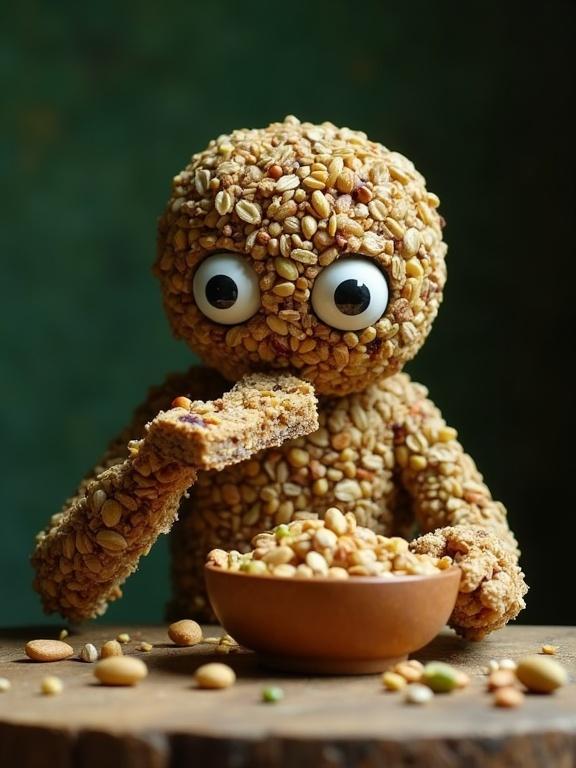 Humanoid made of various edible nuts like almonds and pistachios sits at a wooden table. The humanoid has human-like eyes and holds a granola bar. A handmade wooden bowl of nut mix is nearby. The scene is illuminated with soft green light, creating a cozy atmosphere. The overall look is humorous and fun.