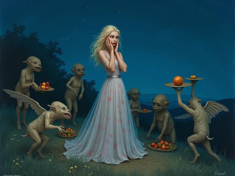 A surreal scene with a blonde woman in a flowing gown surrounded by goblins under a deep blue night sky; goblins offer strange wares in a whimsical, dreamlike atmosphere.