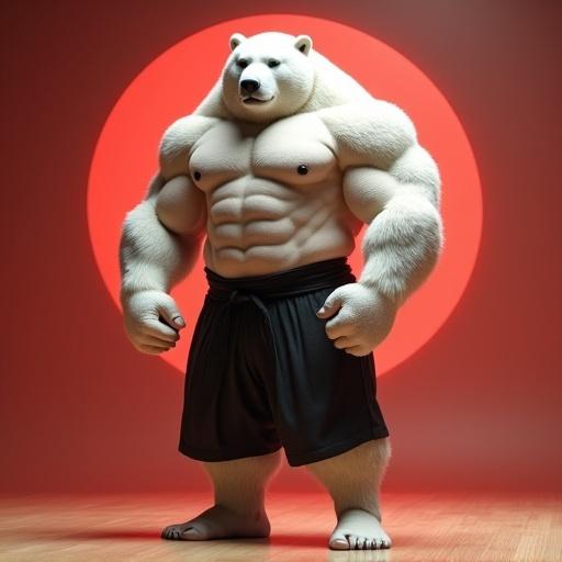 A muscular bodybuilder with a polar bear head in a traditional aikido dojo. He wears a hakama and black belt. He has large full pecs and abs. His feet and ankles are muscular and thick. The background features a radial gradient.