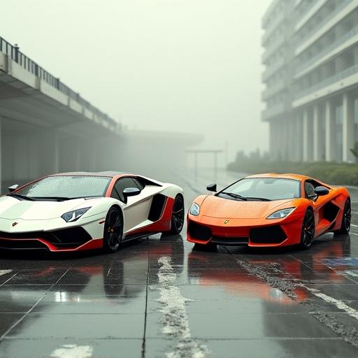 Photorealistic image featuring two luxury cars. White Lamborghini Veneno and orange exotic car on a rainy street. Cars positioned on a wet road. Captured in soft lighting. Film-like quality reminiscent of vintage photography.