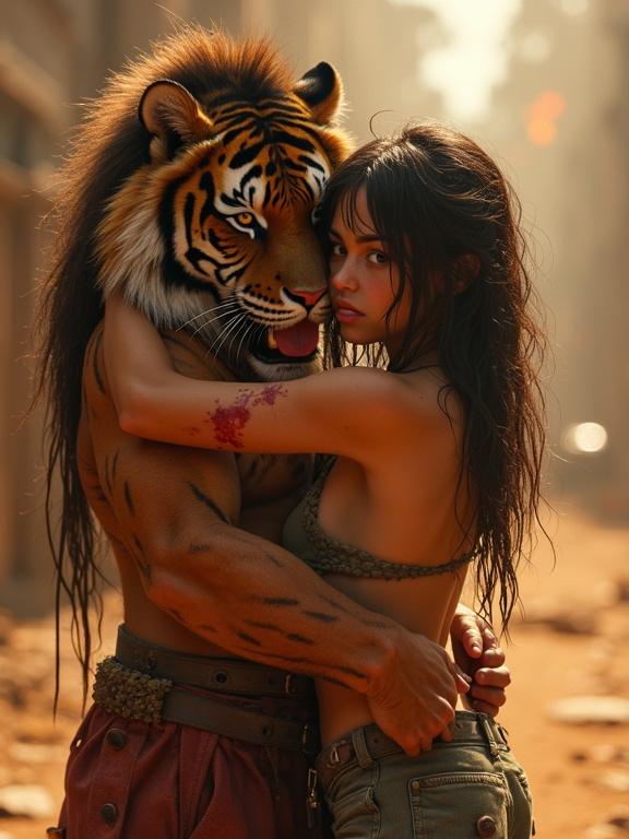 Postapocalyptic scene featuring a woman and a tiger. The woman has long messy hair and tanned shiny skin. The tiger has a friendly demeanor, licking her injured shoulder. The background shows dust and flames. The ambiance expresses friendship and healing.