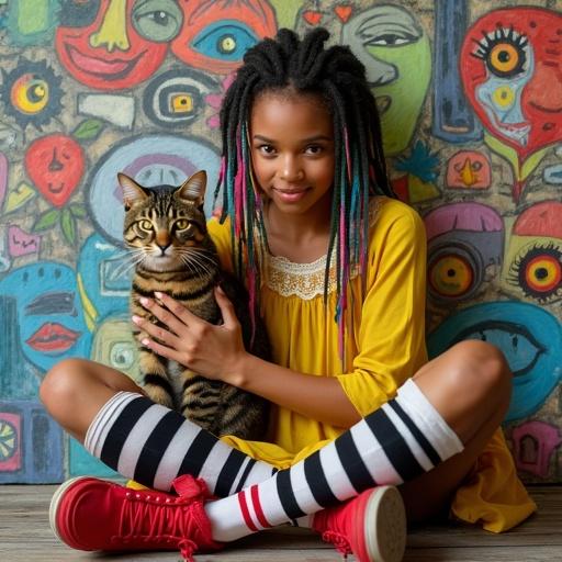 Young woman sitting cross-legged on the floor holding a tabby cat. She has colorful dreadlocks in pink, yellow, blue, and green. Vibrant yellow dress with white lace trim, black and white striped stockings, and red lace-up boots. Background features a colorful mural with abstract faces and oversized eyes.