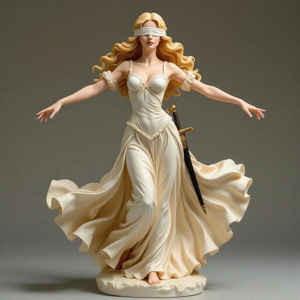 Sensual female resin figure inspired by the Libra sign. Blonde woman in a ballerina pose with arms extended sideward and palms up. She wears an ethereal dress with ruffles blowing in the wind. Long hair and blindfolded, with a decorative sword sheathed on her back.