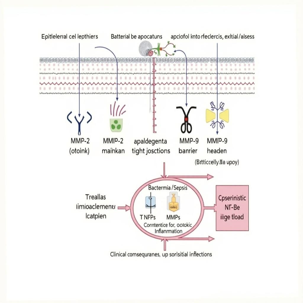 Flowchart illustrates bacterial translocation pathway involving MMP activation from epithelial apoptosis and oxidative stress. Shows MMP-2 and MMP-9 effects on tight junctions. Depicts immune feedback loop leading to sepsis. Highlights clinical consequences.