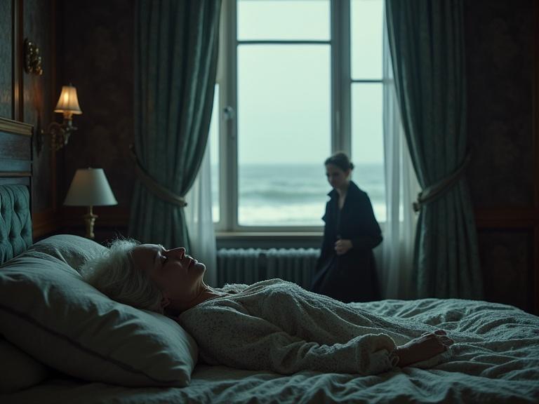 A grand coastal bedroom features an elderly woman lying on the bed, appearing lifeless. The Sylt shoreline is visible through a large window, stormy clouds loom outside. A thoughtful female detective stands in shadows, hinting at underlying family secrets.