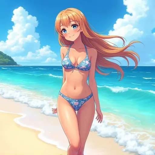 Anime style illustration of a girl in a swimsuit. She is smiling and standing on a beach. Clear blue sky and ocean waves in the background. Long hair blowing in the wind. Cute expression. Detailed shading with summer vibes.