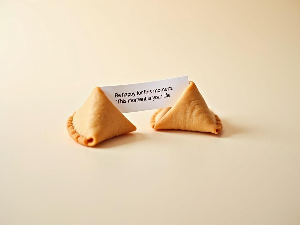 A Chinese fortune cookie is shown prominently on a clean, neutral background. The cookie is slightly cracked open, revealing a slip of paper inside. The slip of paper has the expression: "Be happy for this moment. This moment is your life." The cookie is made of a light golden brown color, and the paper is white with black text. The overall atmosphere is positive and uplifting, emphasizing the message of cherishing the present.