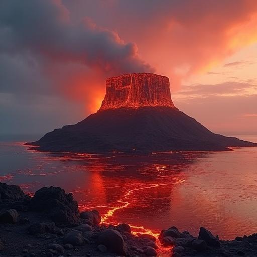 Island surrounded by flowing lava at sunset. Dramatic volcanic activity. Bright glowing lava.