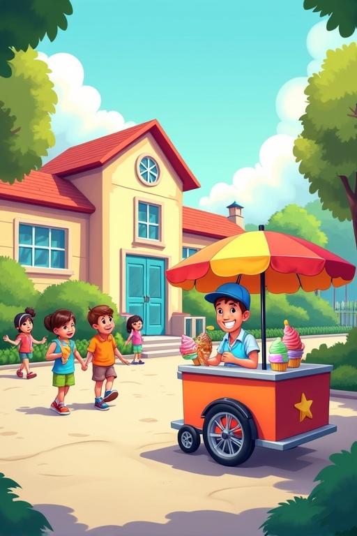 Cartoon-style illustration of a school during daytime. Bright colorful school building in the background. Children playing around. Ice cream vendor with a small cart near school gate. Vendor smiling wearing casual uniform and cap. Ice cream cart colorful with big umbrella displaying ice cream flavors. Cheerful atmosphere with soft lighting and playful colors.