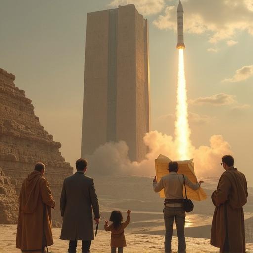 Architect discussing plans on top of a tower. Prominent use of papyrus plan. Rocket launching in background.