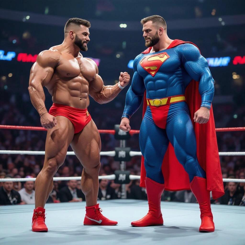 Powerlifter wearing red posing trunks flexes chest to chest against Superman in a super suit with red low cut trunks with dramatic bulge in a wrestling ring
