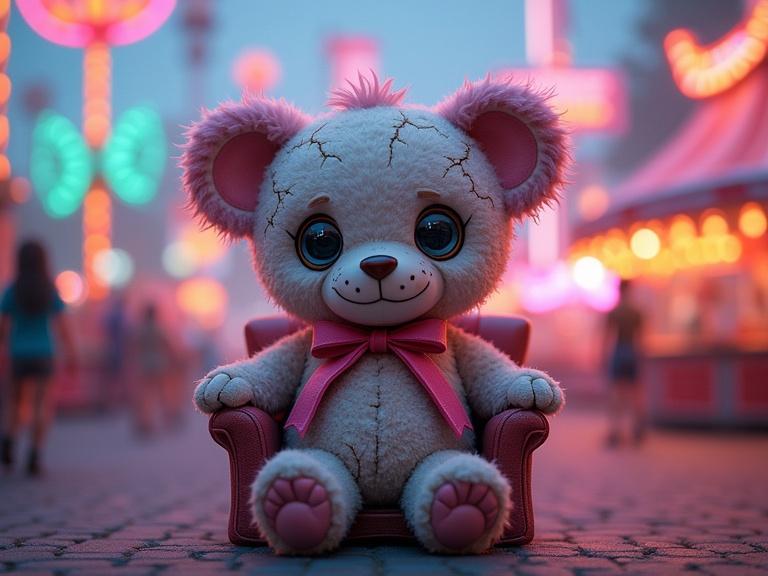 Chibi teddy bear seated in a plush chair. Surroundings are a lively carnival atmosphere filled with colorful lights. Bear has stitched textures with cracked porcelain features. Its eyes are mismatched resembling cookies. A surreal pastel fog highlights the scene adorned with carnival elements.