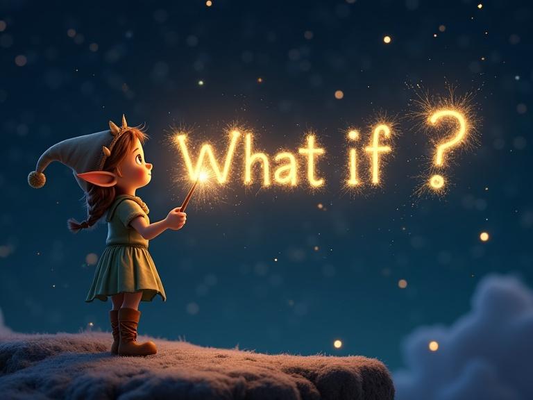 A girl elf uses a magical wand to create shimmering sparkles forming the phrase 'What if ?'. Background features a starry night. Scene suggests a magical and whimsical atmosphere with cartoonish 3D style.