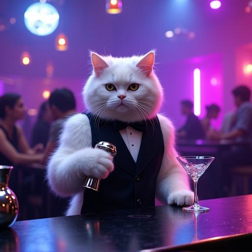 Photorealistic portrait of a fluffy white cat as a bartender in a neon-lit cat nightclub. Cat stands behind glossy bar counter, professionally holding metal cocktail shaker. Empty glasses are neatly placed in front. Cat wears sleek black vest and bowtie. Background is a moody club atmosphere with purple-blue neon lights. Other cat patrons visible, some on bar stools, others dancing. Subtle haze adds party vibe.