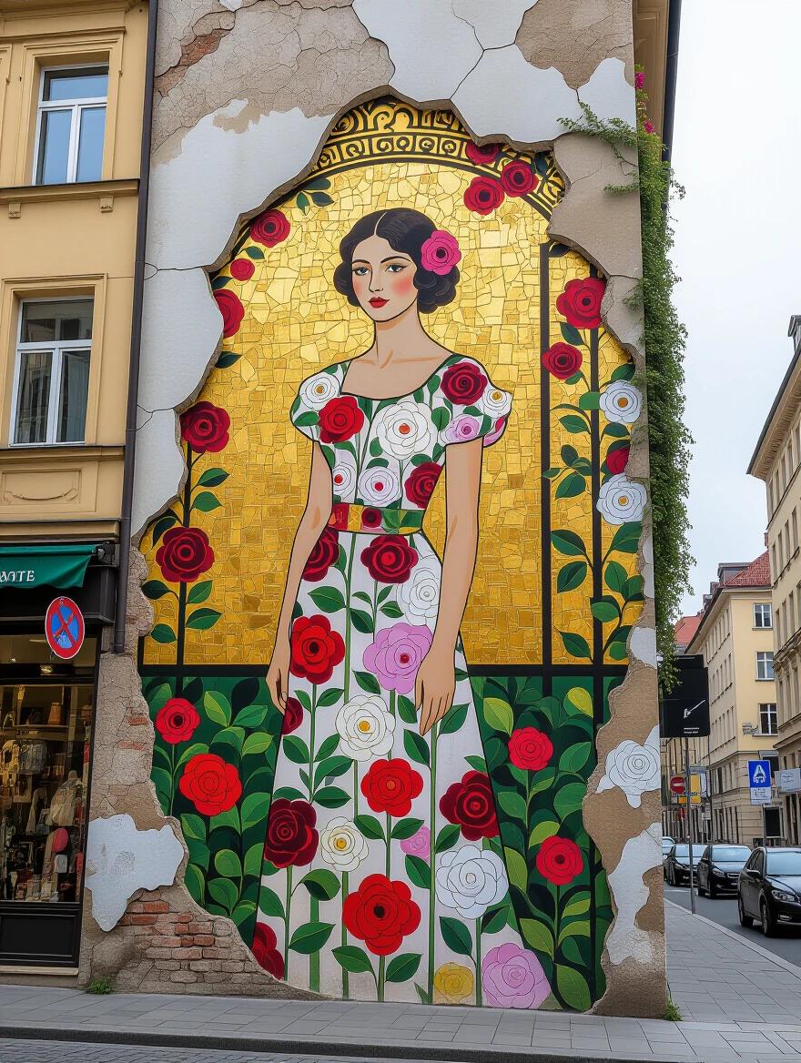 A full-body wall mural features a young woman in a flower-decorated dress displayed in Klimt style. The mural is set against an old cracked plaster wall, complemented by climbing roses and vines. The scene is located in a tall building on a busy street, representing modern street art.