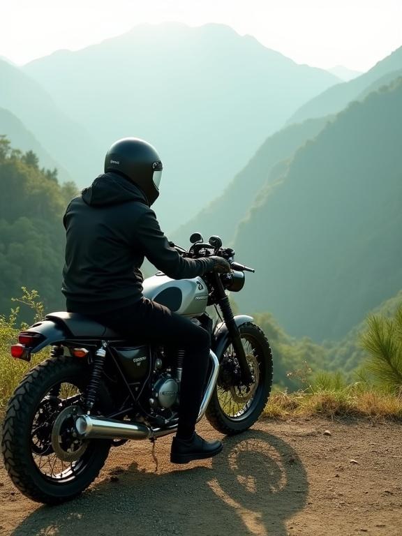 Lone motorcyclist wears black gear and helmet. Resting on a retro-style bike. Overlooking lush green mountains. Under soft daylight.