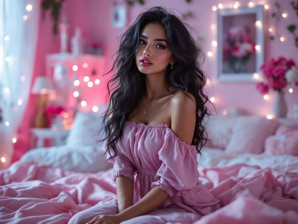 Photo features a beautiful young woman with bright skin and black wavy hair in a pastel pink off-shoulder dress. The woman poses seductively in a cozy pink bedroom with fairy lights and a dreamy aesthetic.