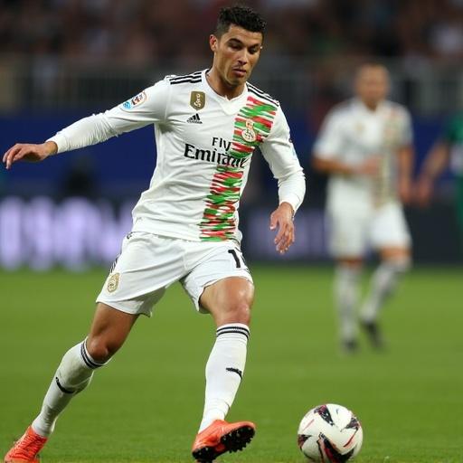 Cristiano Ronaldo joins Real Betis Balonpie in a football match. He is wearing the team's kit. The stadium background shows fans. The scene captures his dynamic movement and expression.