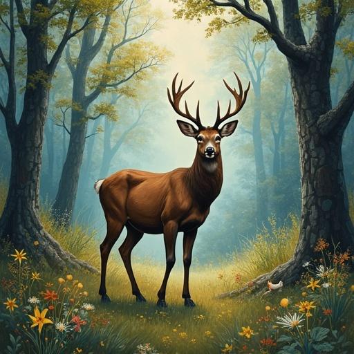 Painting shows a majestic deer standing in a sunlit forest. Trees surround the deer with lush green foliage. Colorful flowers dot the meadow. The style mimics Monet's impressionistic approach with soft brush strokes.