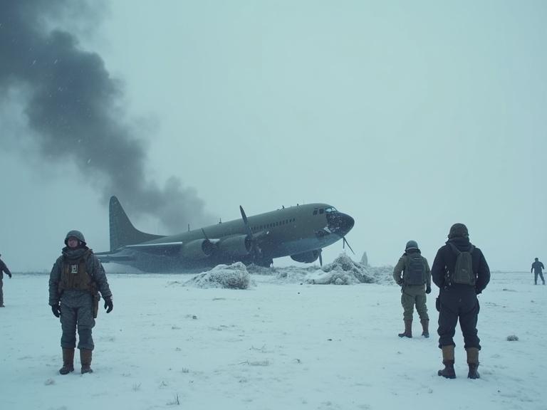 A dramatic Antarctic scene shows a damaged military aircraft on ice. Smoke rises into a grey sky. Soldiers appear tense and disoriented. Shadowy shapes loom through the blizzard. Documents flutter labeled 'Classified'.