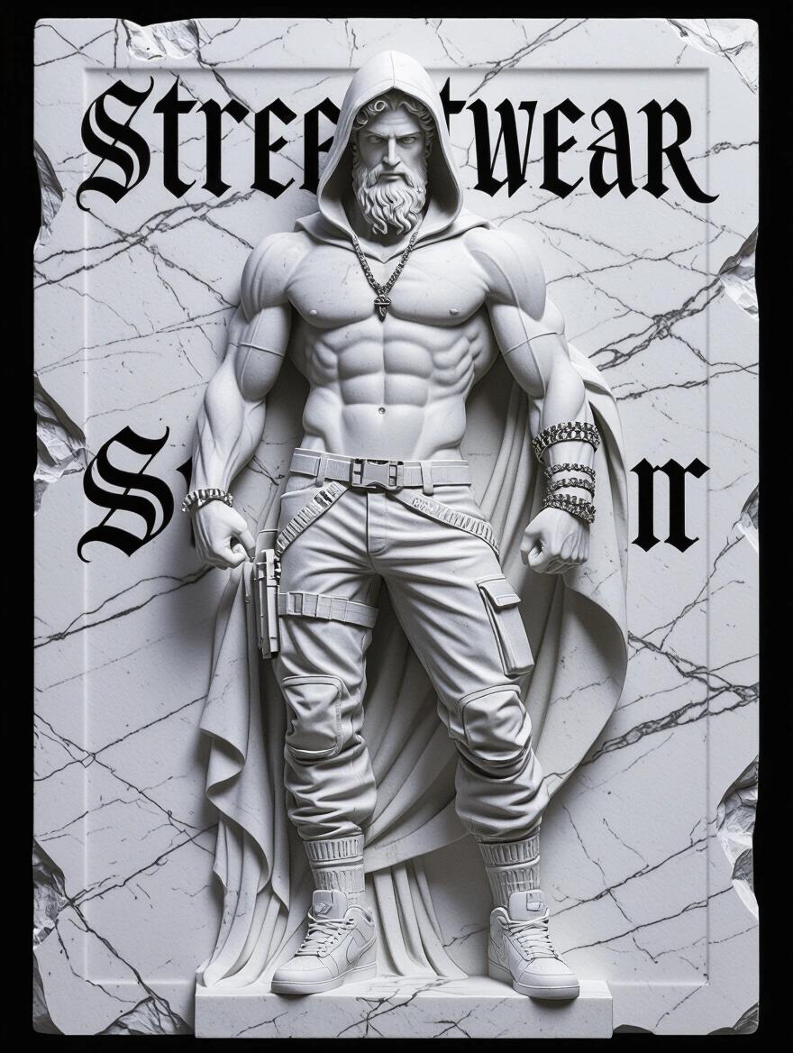 Original god-like figure inspired by Greek mythology designed as a marble sculpture. Character is completely invented with powerful pose and muscular build. Carved in classic white stone texture. Integrates modern streetwear details like hood and tactical pants. Incorporates urban jewelry and sneakers while maintaining stone aesthetic. Features the word "STREETWEAR" in bold gothic style. Background is solid black for contrast. No clutter or extra elements. Centralized composition for impactful design.