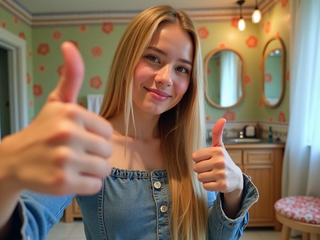 A young person is taking a selfie in a bathroom setting. They have long, straight blonde hair and are wearing a denim top. The person is smiling gently, exuding confidence. There is a thumbs-up hand sign displayed with one hand, signaling positivity and approval. In the background, a colorful room can be seen with some soft furnishings and bathroom accessories, adding a warm and casual atmosphere.