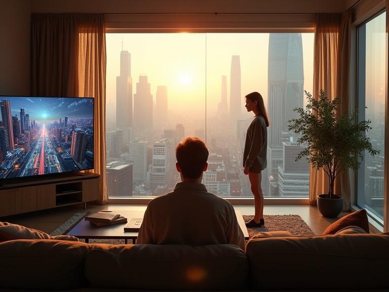 First-person view from a couch in a cozy cyberpunk apartment. Soft morning sunlight comes through a large panoramic window. A large TV displays news. A young woman stands next to the TV. The window overlooks a crowded futuristic megacity.