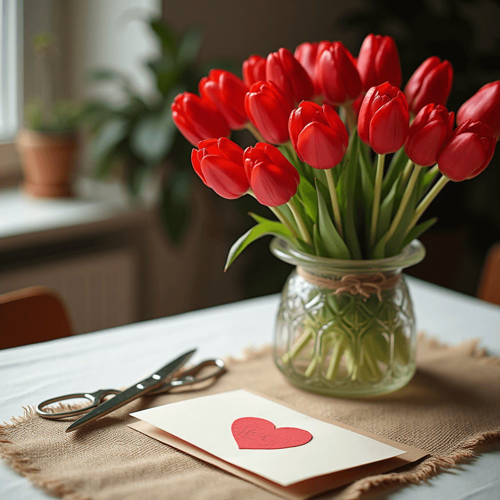 A vase of red tulips sits on a table next to a card with a red heart.