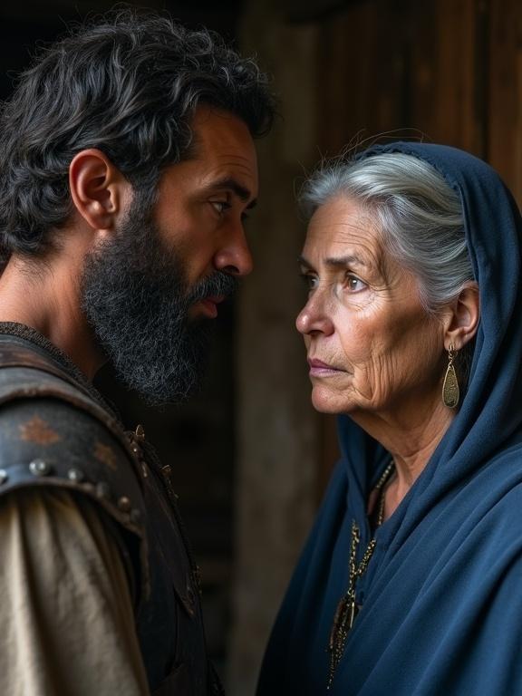 Two historical figures in a tense moment. Barak has a dark beard and leather armor. His face shows determination. Deborah is in deep blue robes with graying hair and a serious expression. Simple rustic background.