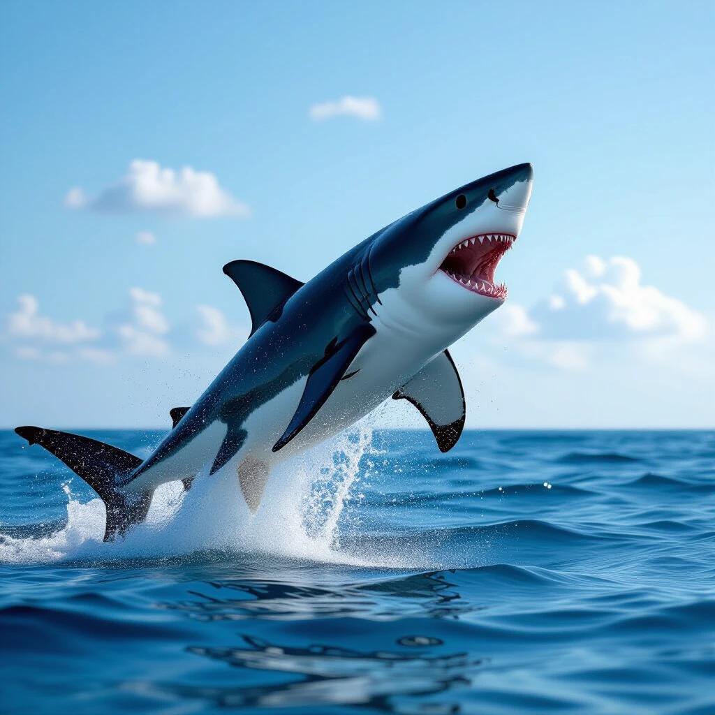 Shark jumping from the ocean into the air with mouth wide open. The shark is in the foreground rising out of the water surrounded by splashes. The background features a clear blue sky with a few clouds.
