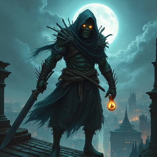 Full-body realistic style illustration of a goblin assassin. Features a serrated blade and tattered wrappings. Glowing poison vials are present. Set against a highly detailed, photorealistic background of a moonlit rooftop in a sprawling dark city.