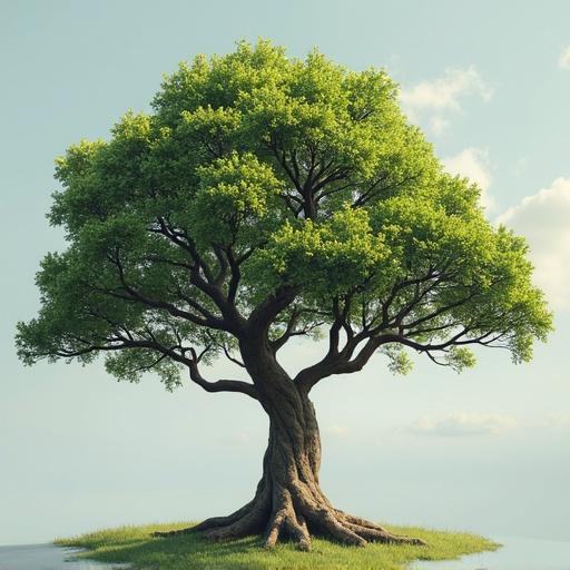 A large green tree stands alone on a small patch of grass. The tree has a thick trunk and expansive green canopy. The sky is clear and blue. The scene conveys peace and tranquility.