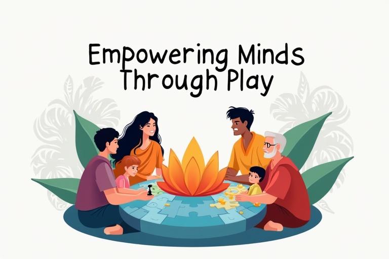 A vibrant flat vector illustration of a diverse Indian family gathered around a large circular puzzle board. The puzzle pieces form a blooming lotus flower at the center. A friendly puzzle fox holding a chess piece is at the edge. Style is clean modern playful. Colors transition from blue to orange with green accents. Background features a subtle paisley pattern in light gray. Text overlay reads Empowering Minds Through Play in bold white sans-serif font.