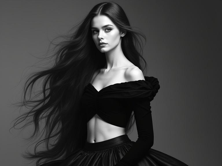 Black and white portrait of a woman with long hair. She wears a black top and skirt. Background is out of focus. Elegant and simplistic composition highlights beauty.