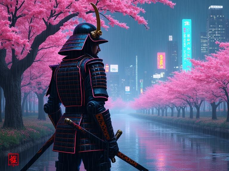 Lone samurai warrior in armor with glowing neon lines and panels. Poised in dynamic stance. Electric cherry blossoms emit vibrant luminescence. Rain depicted as waves with bold outlines. Background combines traditional Edo landscape with cyberpunk skyline. Unique fusion of Ukiyo-e and Cyberpunk.