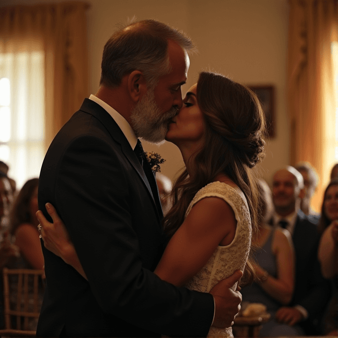 A couple shares a loving kiss at a wedding ceremony, surrounded by smiling guests.