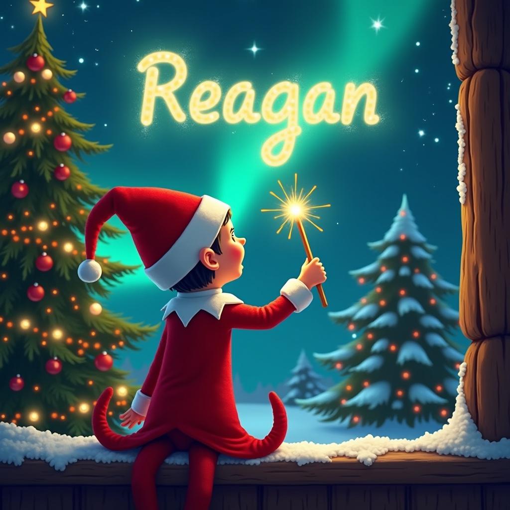 An enchanting Christmas scene features an elf dressed in red and white looking at magical northern lights. The elf holds a wand, writing the name Reagan in glowing letters. A decorated Christmas tree adds to the festive ambiance.