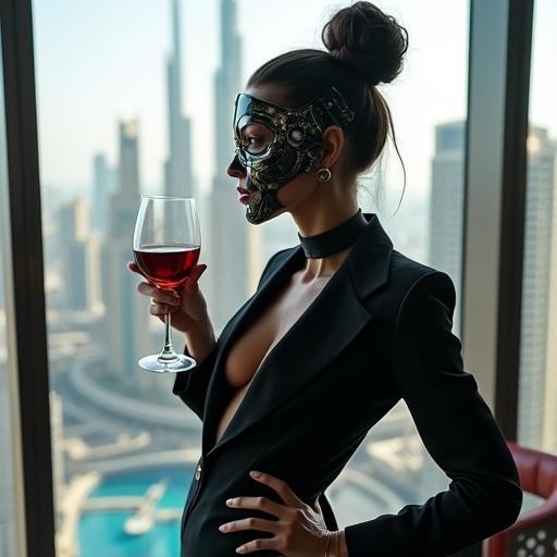 Photo-realistic depiction of a character resembling Renata Glasc from a popular video game. Set inside a luxurious skyscraper office in Dubai with a stunning skyline view. The character wears an elegant cyberpunk business attire and holds a glass of red wine. Features a half-metal mask with gleaming details.